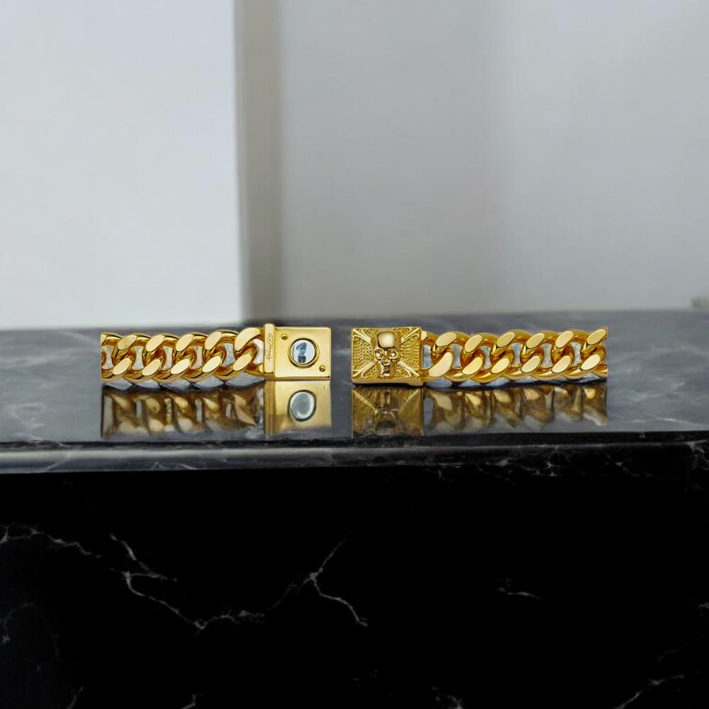 NWT Ed Hardy Men's Gold Ion-Plated Stainless Steel Skull Link Bracelet 8.5" Y2K - Picture 3 of 5